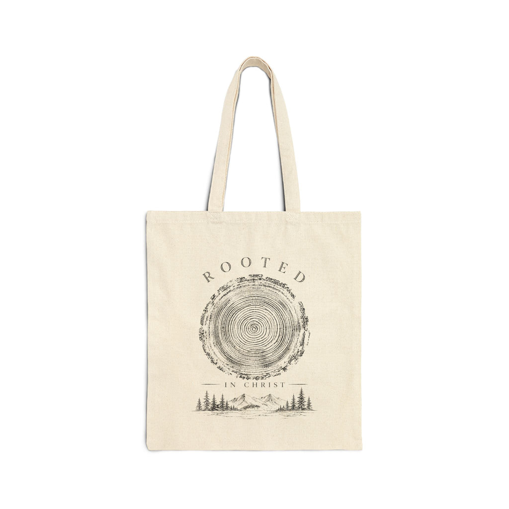 Rooted in Christ Natural Canvas Tote Bag — Rustic Faith Everyday Shopper