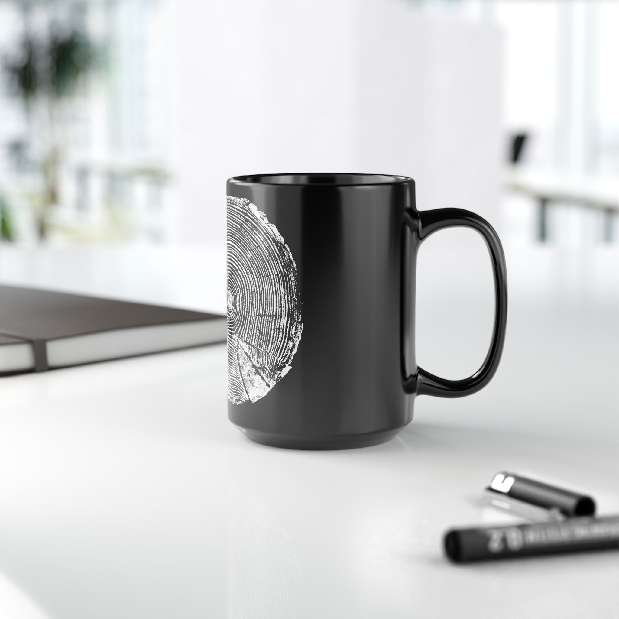 Hemlock Tree Ring Print Black Ceramic Mug #0410