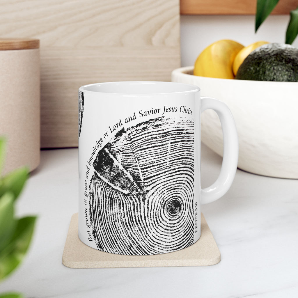 Woodcut Print Ceramic Mug 2 Peter 3:18 #0410 (11oz | 15oz)