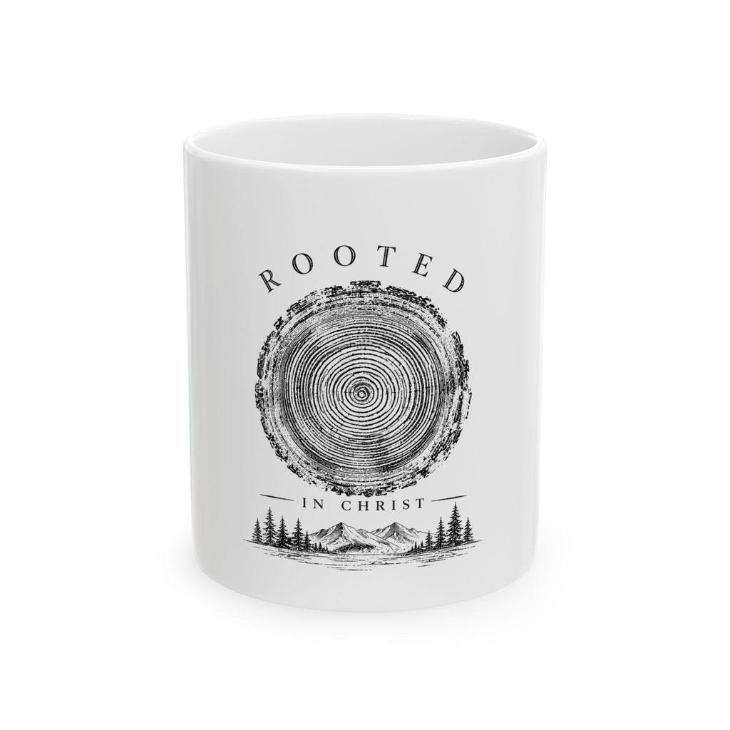 Rooted in Christ Ceramic Mug — Faith-Inspired Rustic Tree Ring Design (11oz, 15oz)