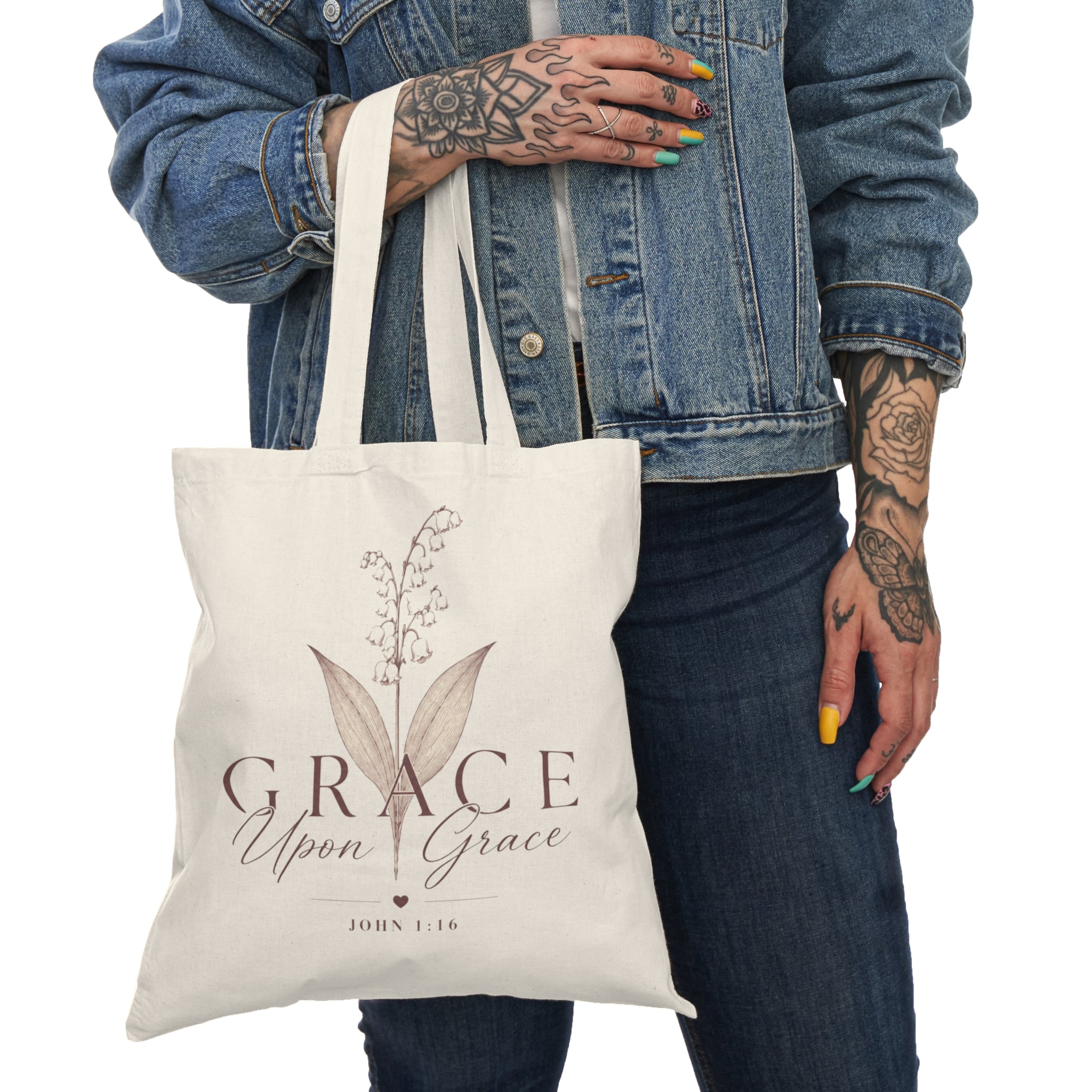 Grace Upon Grace Cotton Tote Bag – Lily of the Valley Faith Tote (John 1:16)