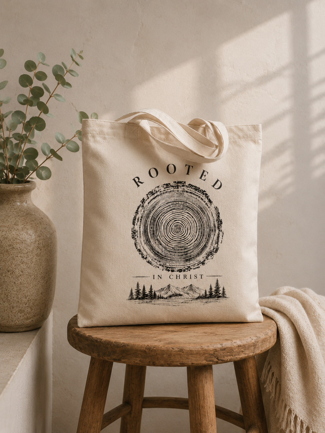 Rooted in Christ Natural Canvas Tote Bag — Rustic Faith Everyday Shopper