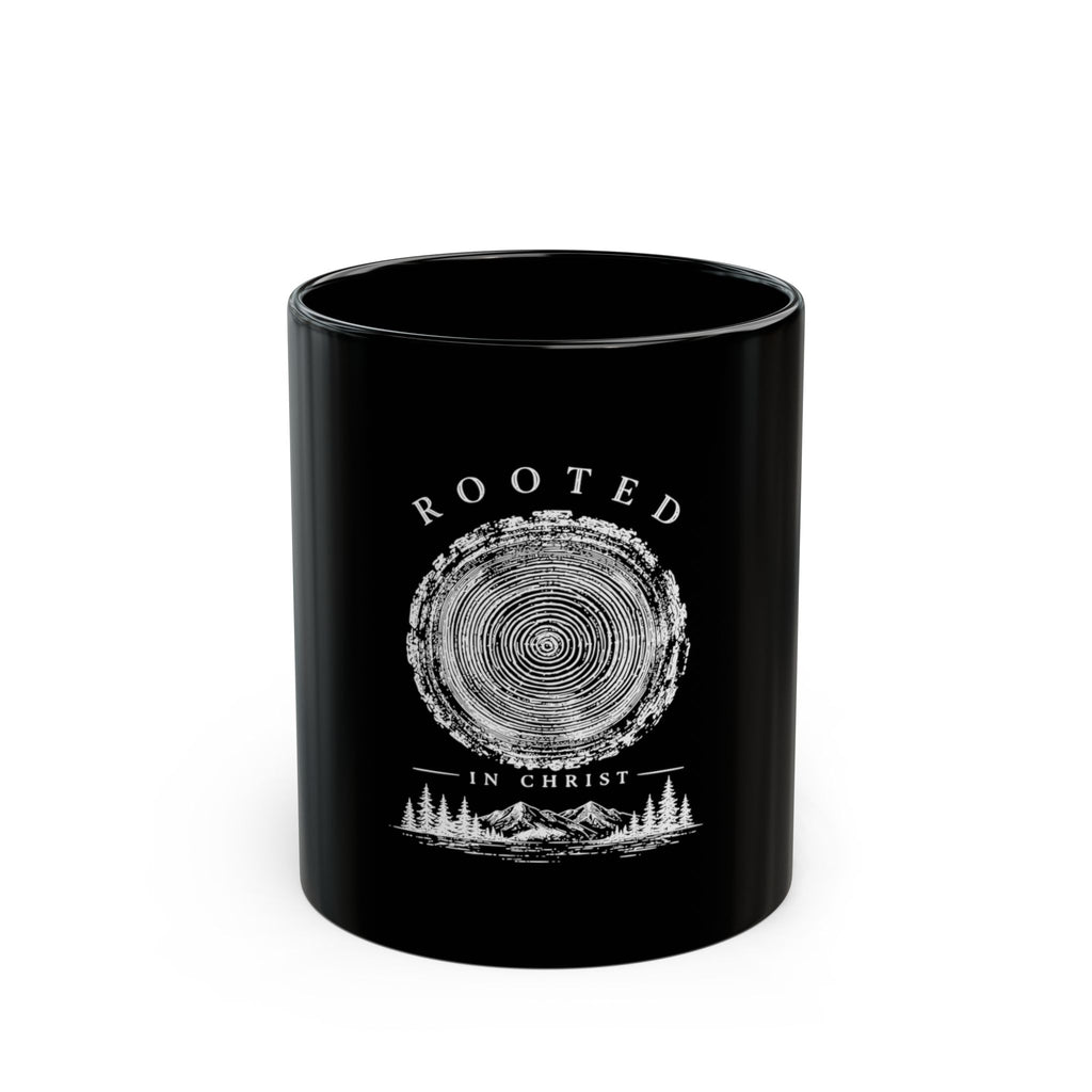 Rooted in Christ Black Coffee Mug — Faith-Based Christian Gift (11oz/15oz)