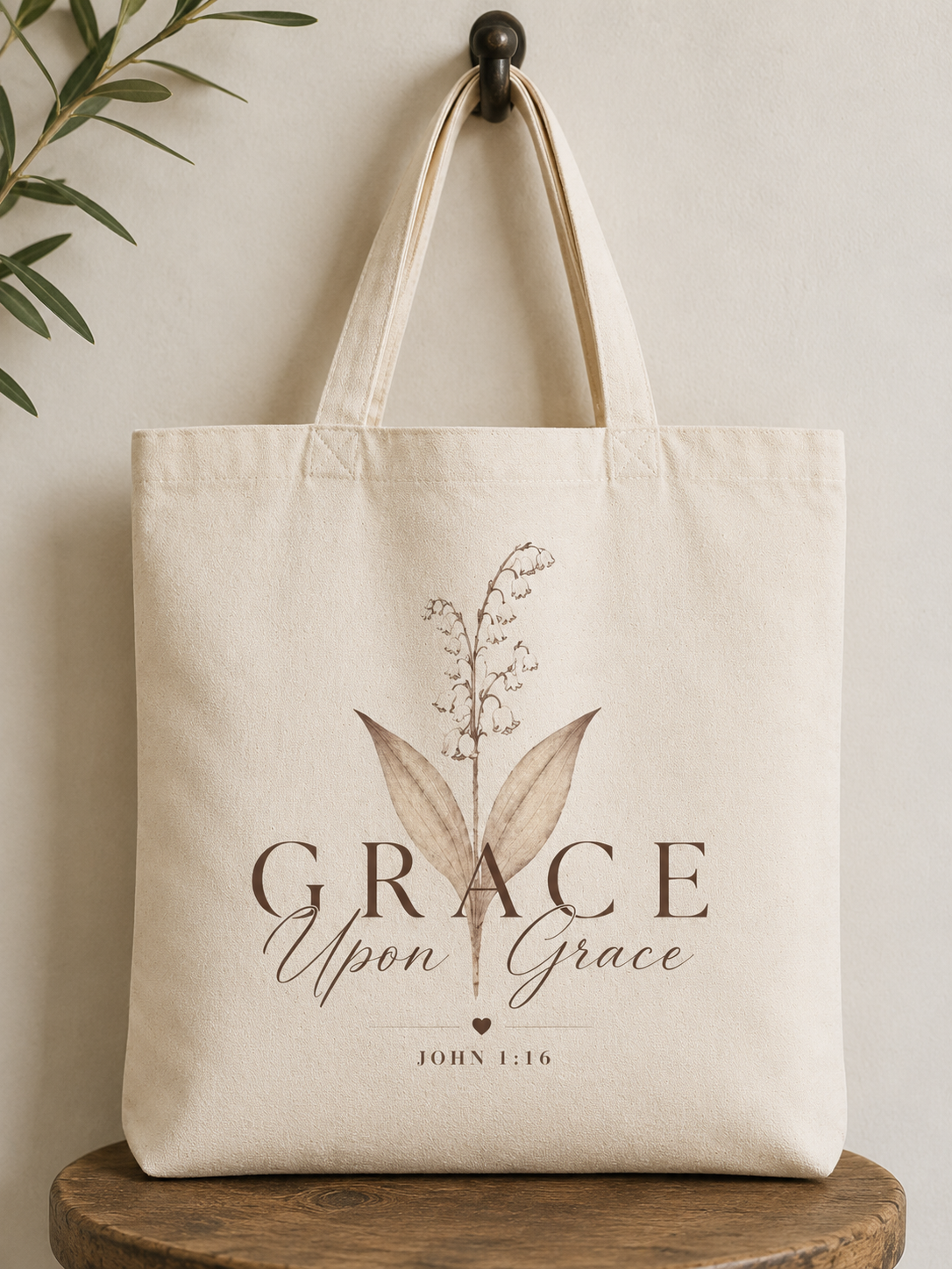Grace Upon Grace Cotton Tote Bag – Lily of the Valley Faith Tote (John 1:16)
