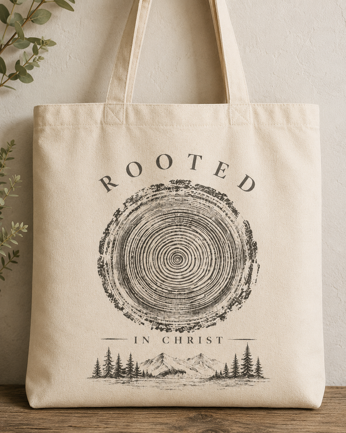 Rooted in Christ Natural Canvas Tote Bag — Rustic Faith Everyday Shopper