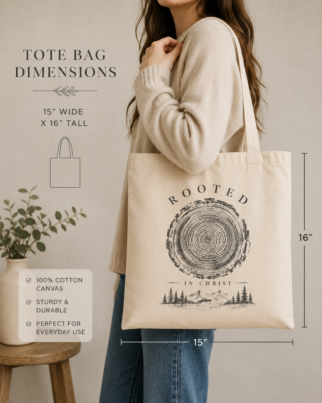 Rooted in Christ Natural Canvas Tote Bag — Rustic Faith Everyday Shopper
