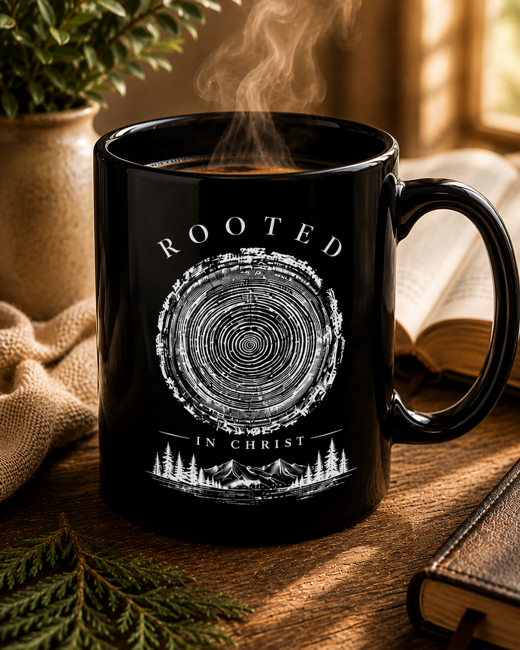 Rooted in Christ Black Coffee Mug — Faith-Based Christian Gift (11oz/15oz)