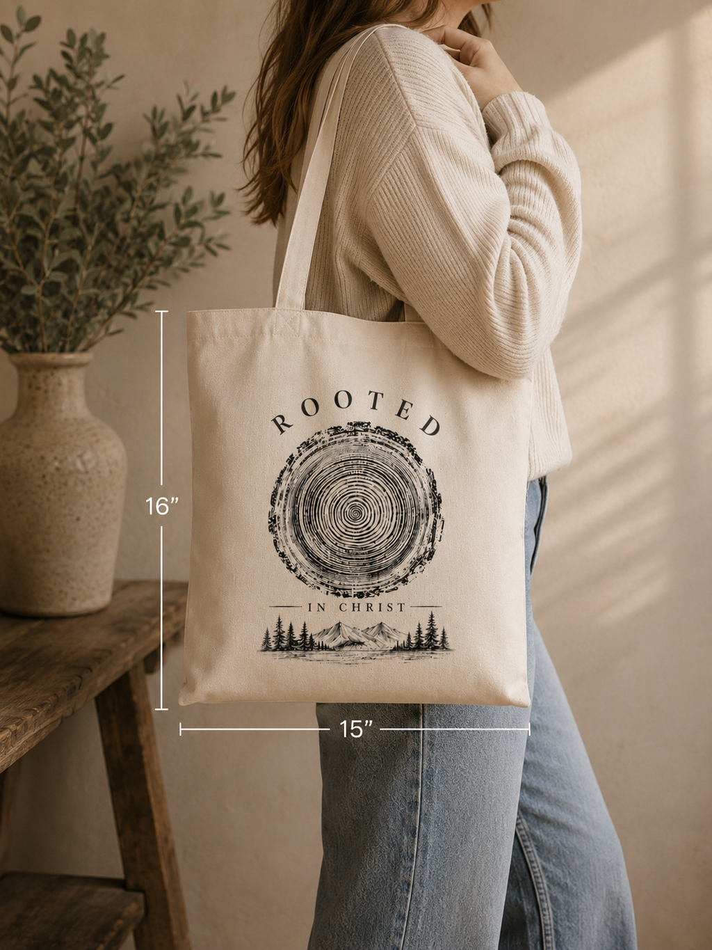 Rooted in Christ Natural Canvas Tote Bag — Rustic Faith Everyday Shopper