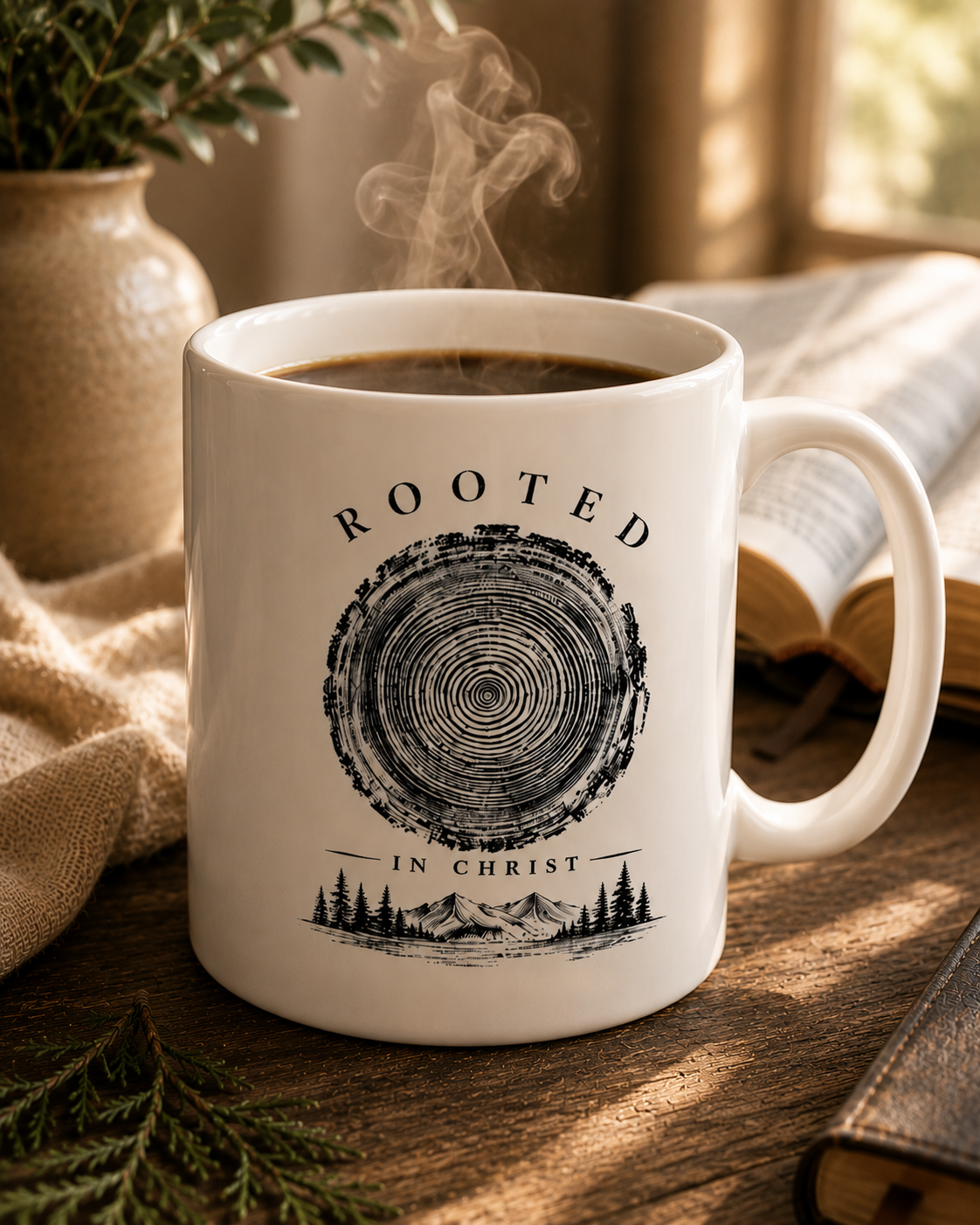 Rooted in Christ Ceramic Mug — Faith-Inspired Rustic Tree Ring Design (11oz, 15oz)