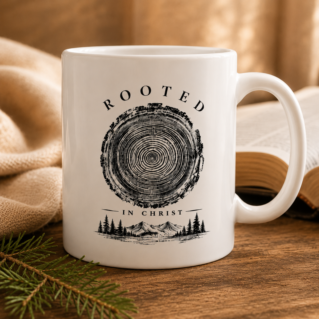 Rooted in Christ Ceramic Mug — Faith-Inspired Rustic Tree Ring Design (11oz, 15oz)