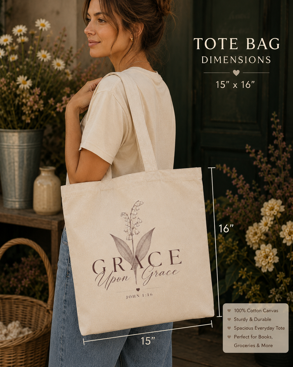 Grace Upon Grace Cotton Tote Bag – Lily of the Valley Faith Tote (John 1:16)